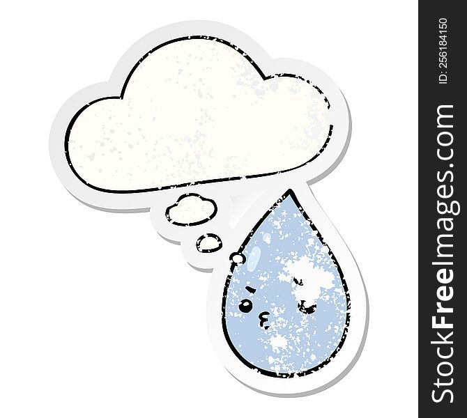 cartoon cute raindrop with thought bubble as a distressed worn sticker