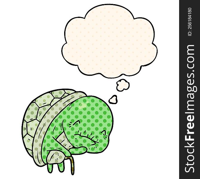 cute cartoon old turtle and thought bubble in comic book style