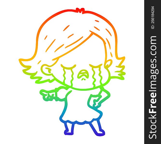 Rainbow Gradient Line Drawing Cartoon Girl Crying And Pointing