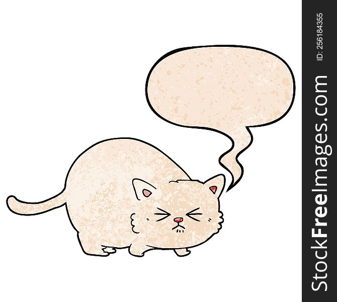 cartoon angry cat with speech bubble in retro texture style