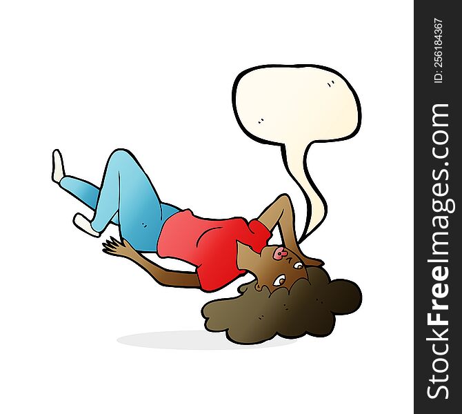 cartoon woman lying on floor with speech bubble