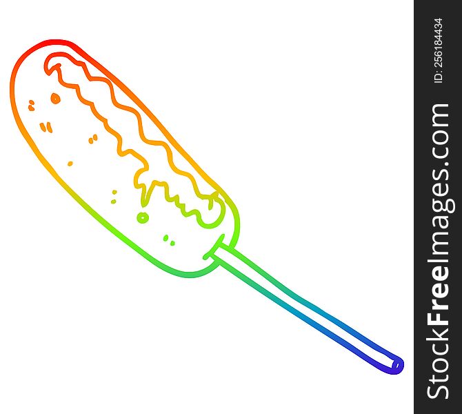 rainbow gradient line drawing of a cartoon hotdog on a stick