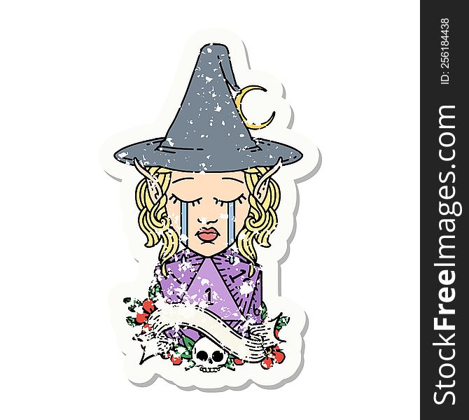 Crying Elf Mage Character Face With Natural One D20 Roll Grunge Sticker