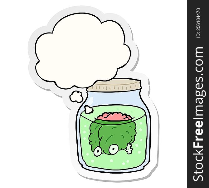 cartoon spooky brain in jar with thought bubble as a printed sticker