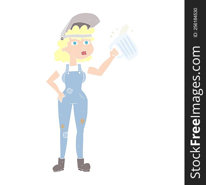 flat color illustration of a cartoon hard working woman with beer