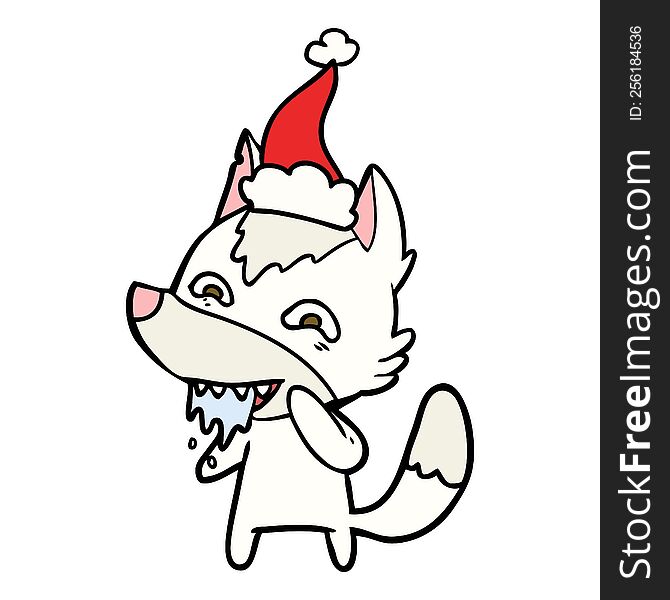 hand drawn line drawing of a hungry wolf wearing santa hat