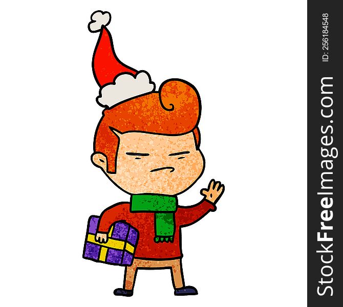 Textured Cartoon Of A Cool Guy With Fashion Hair Cut Wearing Santa Hat