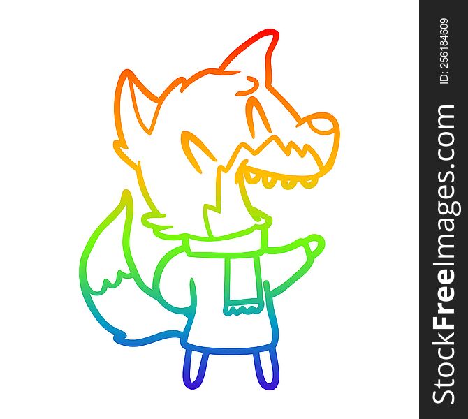 Rainbow Gradient Line Drawing Laughing Fox Wearing Winter Clothes