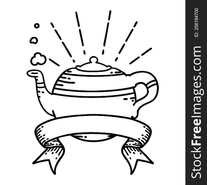 Banner With Black Line Work Tattoo Style Steaming Teapot