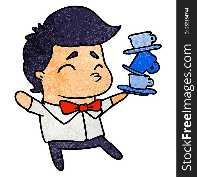 textured cartoon illustration of a kawaii cute waiter. textured cartoon illustration of a kawaii cute waiter