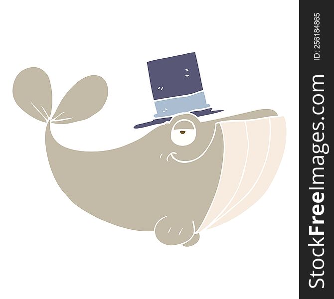 Flat Color Illustration Of A Cartoon Whale Wearing Top Hat