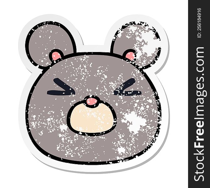 distressed sticker of a quirky hand drawn cartoon mouse face