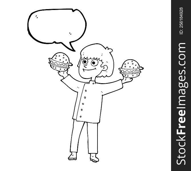 freehand drawn speech bubble cartoon chef with burgers