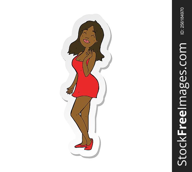 sticker of a cartoon pretty woman in cocktail dress