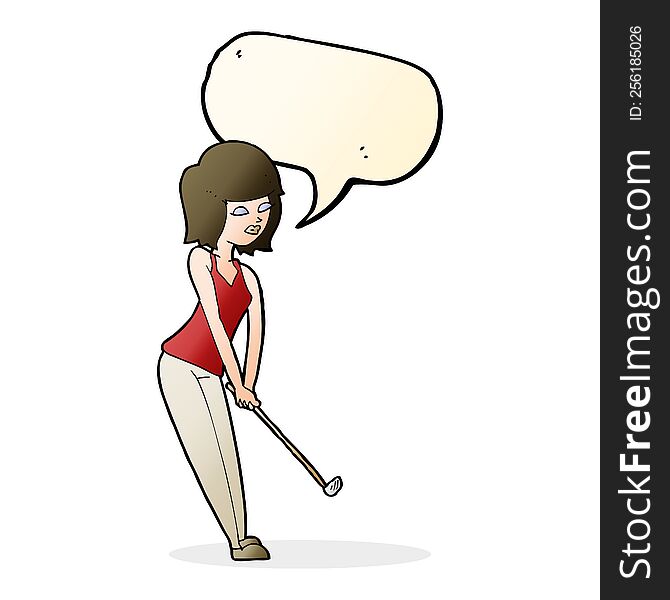 Cartoon Woman Playing Golf With Speech Bubble