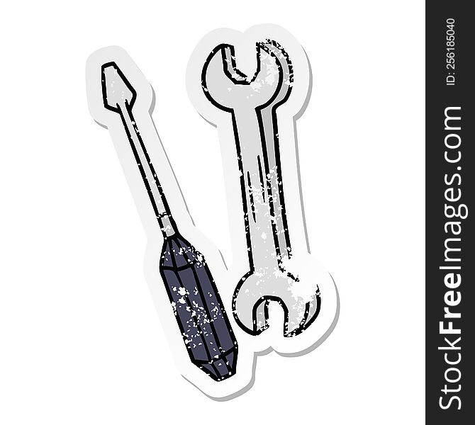Distressed Sticker Cartoon Doodle Of A Spanner And A Screwdriver