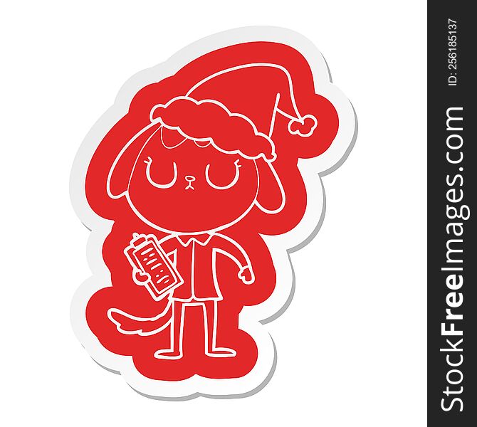 cute quirky cartoon  sticker of a dog wearing office shirt wearing santa hat