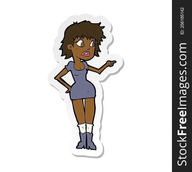 Sticker Of A Cartoon Worried Woman In Dress Pointing