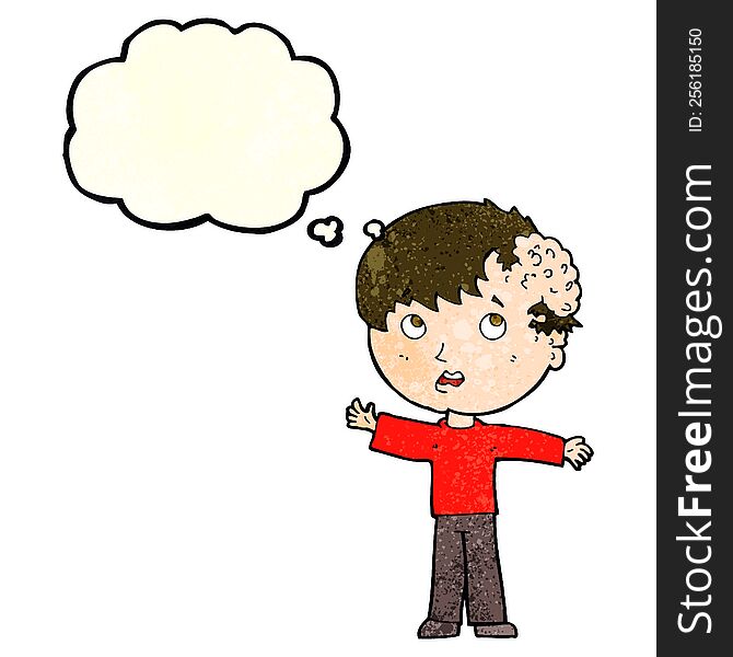 cartoon boy with growth on head with thought bubble