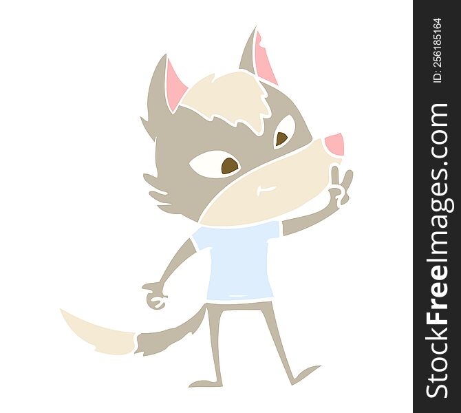 Friendly Flat Color Style Cartoon Wolf Giving Peace Sign