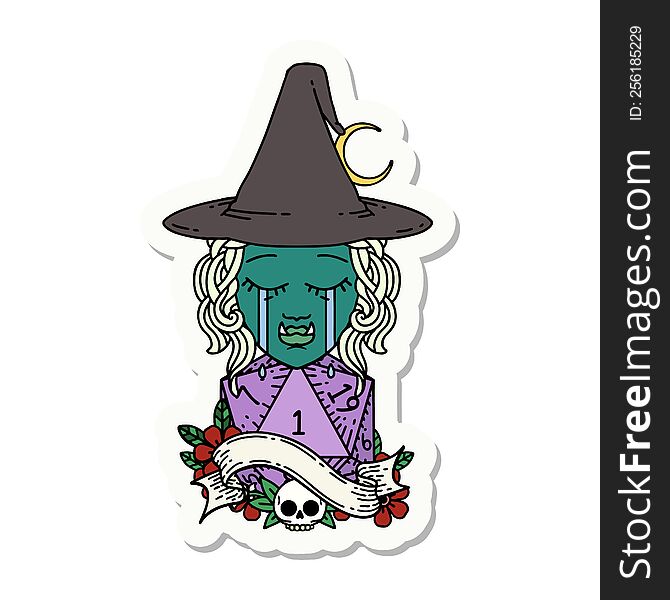 Crying Half Orc Witch Character Face With Natural One D20 Dice Roll Sticker