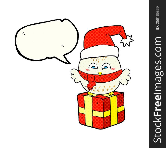 Comic Book Speech Bubble Cartoon Cute Christmas Owl On Gift