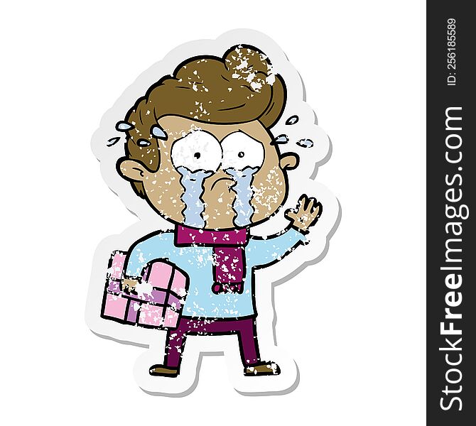 Distressed Sticker Of A Cartoon Crying Man With Present