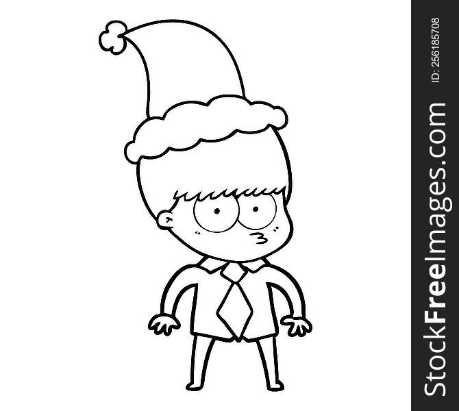 Nervous Line Drawing Of A Boy Wearing Shirt And Tie Wearing Santa Hat