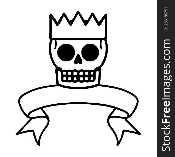 Black Linework Tattoo With Banner Of A Skull And Crown