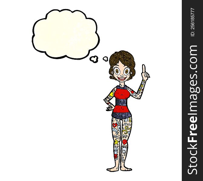 Cartoon Woman Covered In Tattoos With Thought Bubble