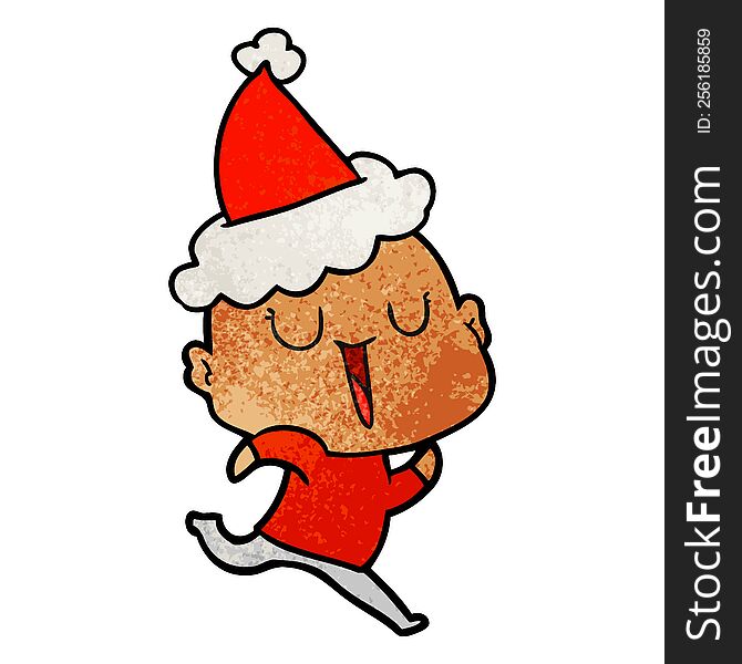 Happy Textured Cartoon Of A Bald Man Wearing Santa Hat