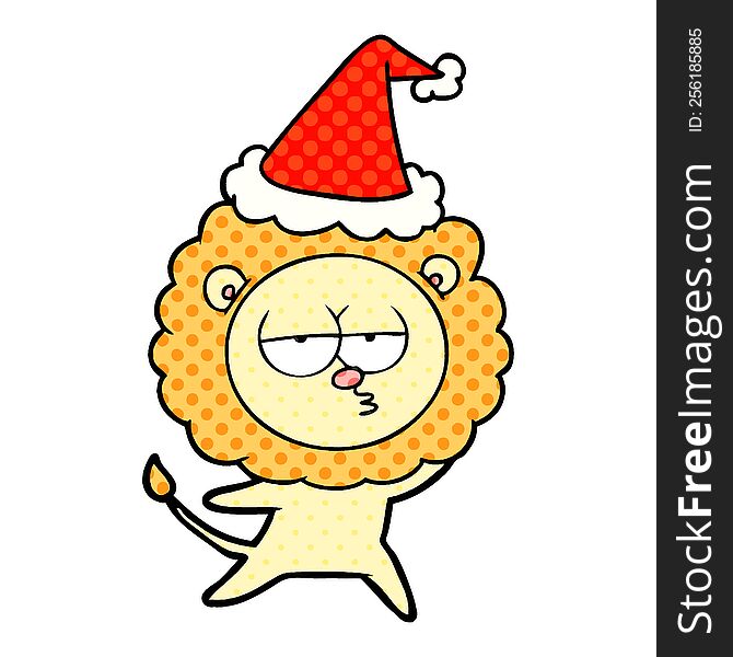 Comic Book Style Illustration Of A Bored Lion Wearing Santa Hat