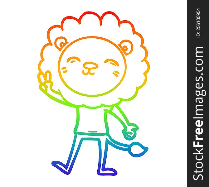 Rainbow Gradient Line Drawing Cartoon Lion Giving Peac Sign