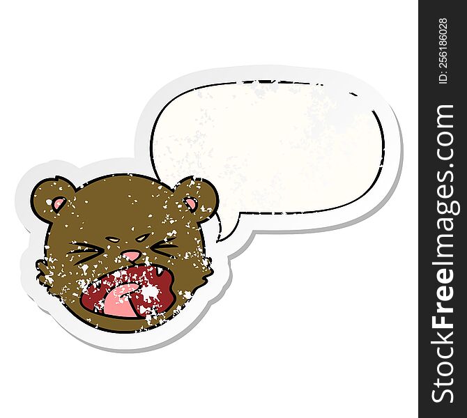 cute cartoon teddy bear face with speech bubble distressed distressed old sticker. cute cartoon teddy bear face with speech bubble distressed distressed old sticker