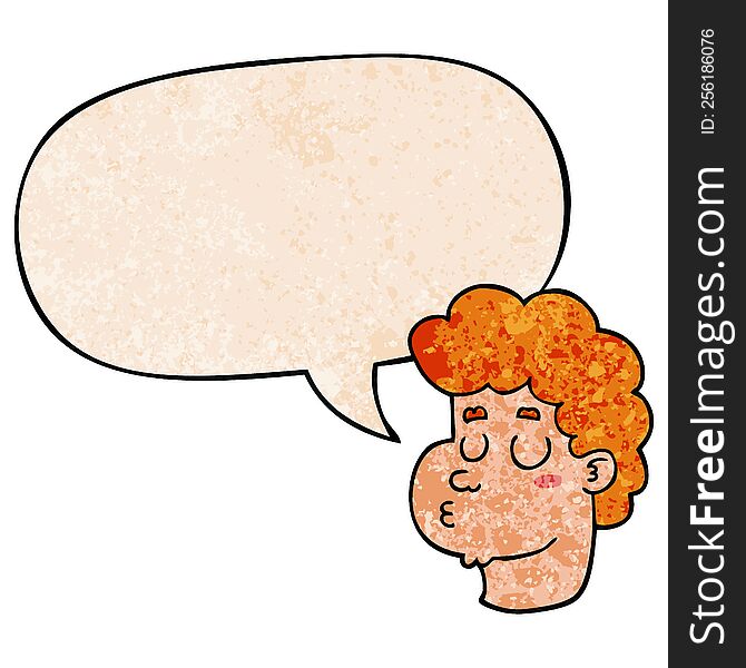 Cartoon Male Face And Speech Bubble In Retro Texture Style