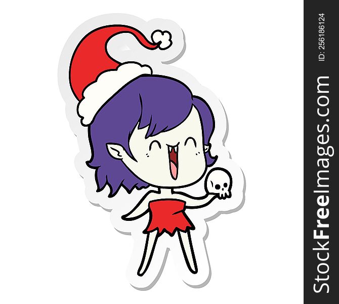 cute hand drawn sticker cartoon of a happy vampire girl wearing santa hat. cute hand drawn sticker cartoon of a happy vampire girl wearing santa hat