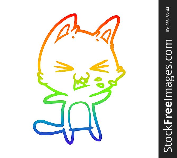 Rainbow Gradient Line Drawing Cartoon Cat Hissing