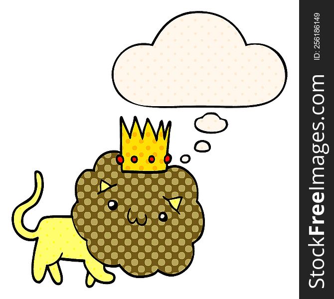 Cartoon Lion With Crown And Thought Bubble In Comic Book Style