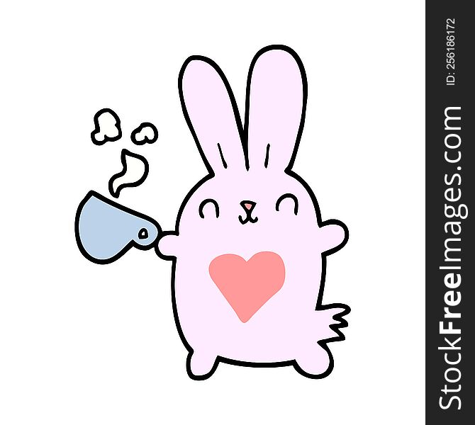 cute cartoon rabbit with love heart and coffee cup