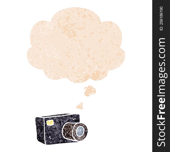 cartoon camera with thought bubble in grunge distressed retro textured style. cartoon camera with thought bubble in grunge distressed retro textured style