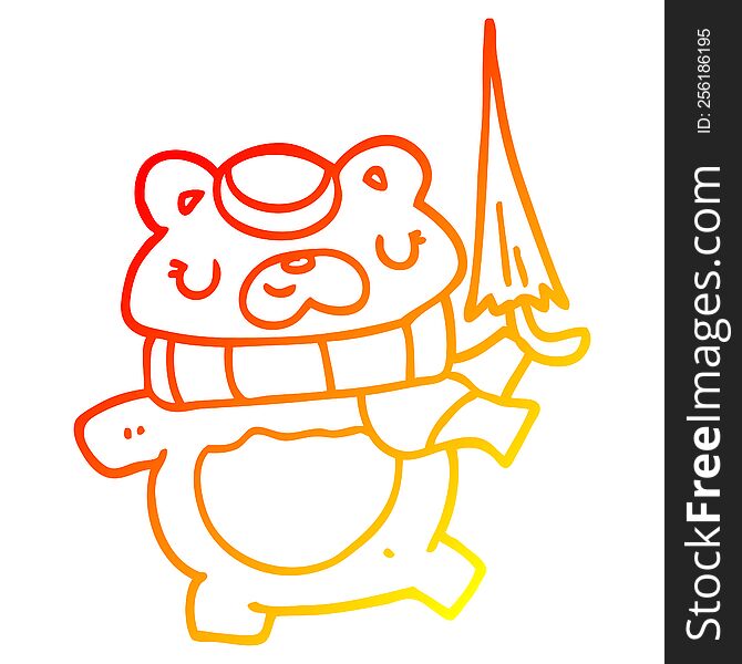 Warm Gradient Line Drawing Cartoon Bear With Umbrella