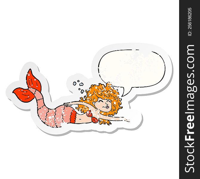Cartoon Mermaid And Speech Bubble Distressed Sticker