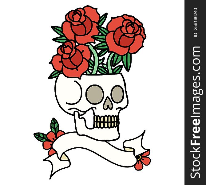 tattoo with banner of a skull and roses