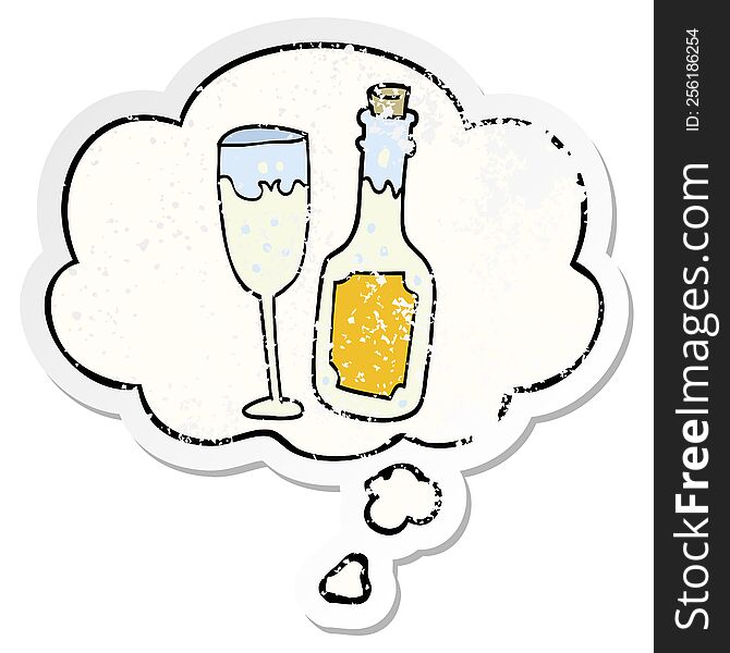cartoon champagne bottle and glass with thought bubble as a distressed worn sticker