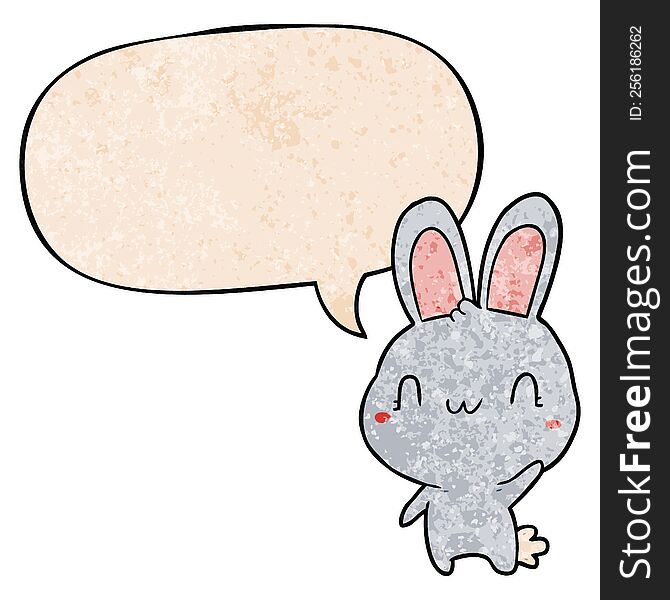 Cute Cartoon Rabbit Waving And Speech Bubble In Retro Texture Style