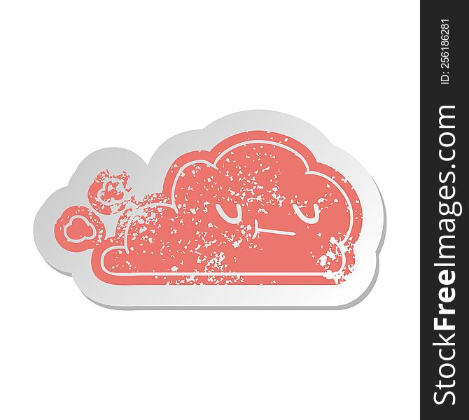 distressed old cartoon sticker of kawaii happy cloud. distressed old cartoon sticker of kawaii happy cloud