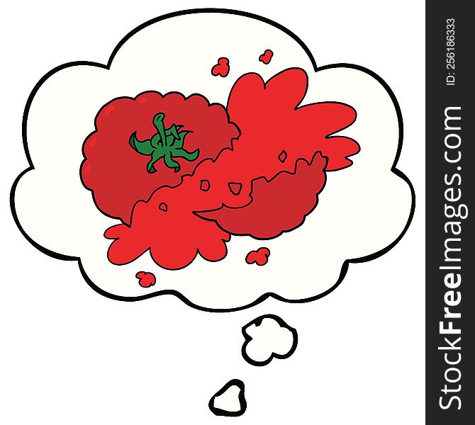 cartoon squashed tomato with thought bubble. cartoon squashed tomato with thought bubble