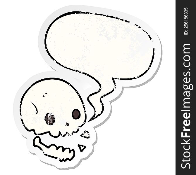 cartoon spooky skull with speech bubble distressed distressed old sticker. cartoon spooky skull with speech bubble distressed distressed old sticker