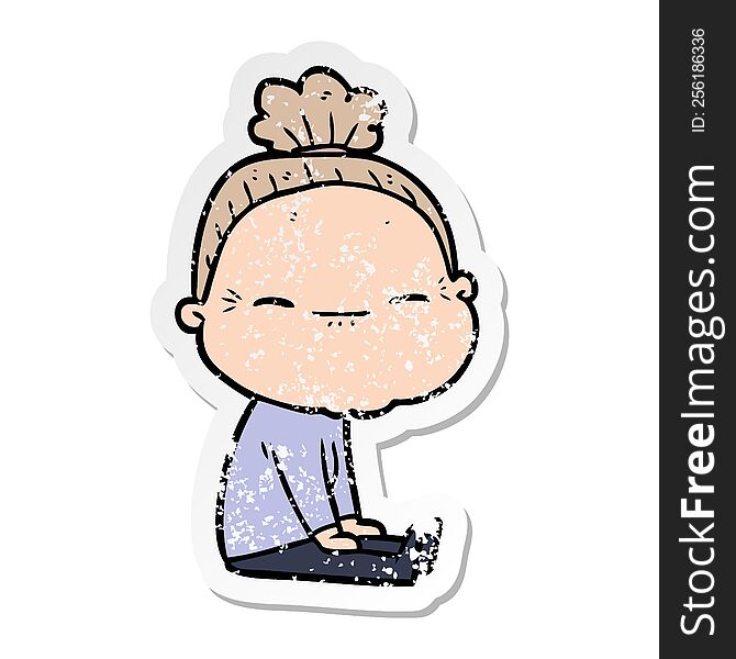 Distressed Sticker Of A Cartoon Peaceful Old Woman