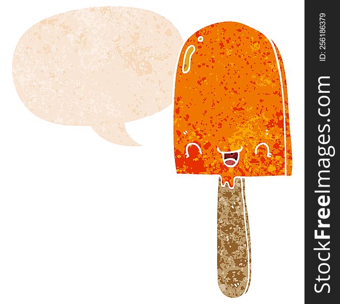 cartoon ice lolly with speech bubble in grunge distressed retro textured style. cartoon ice lolly with speech bubble in grunge distressed retro textured style